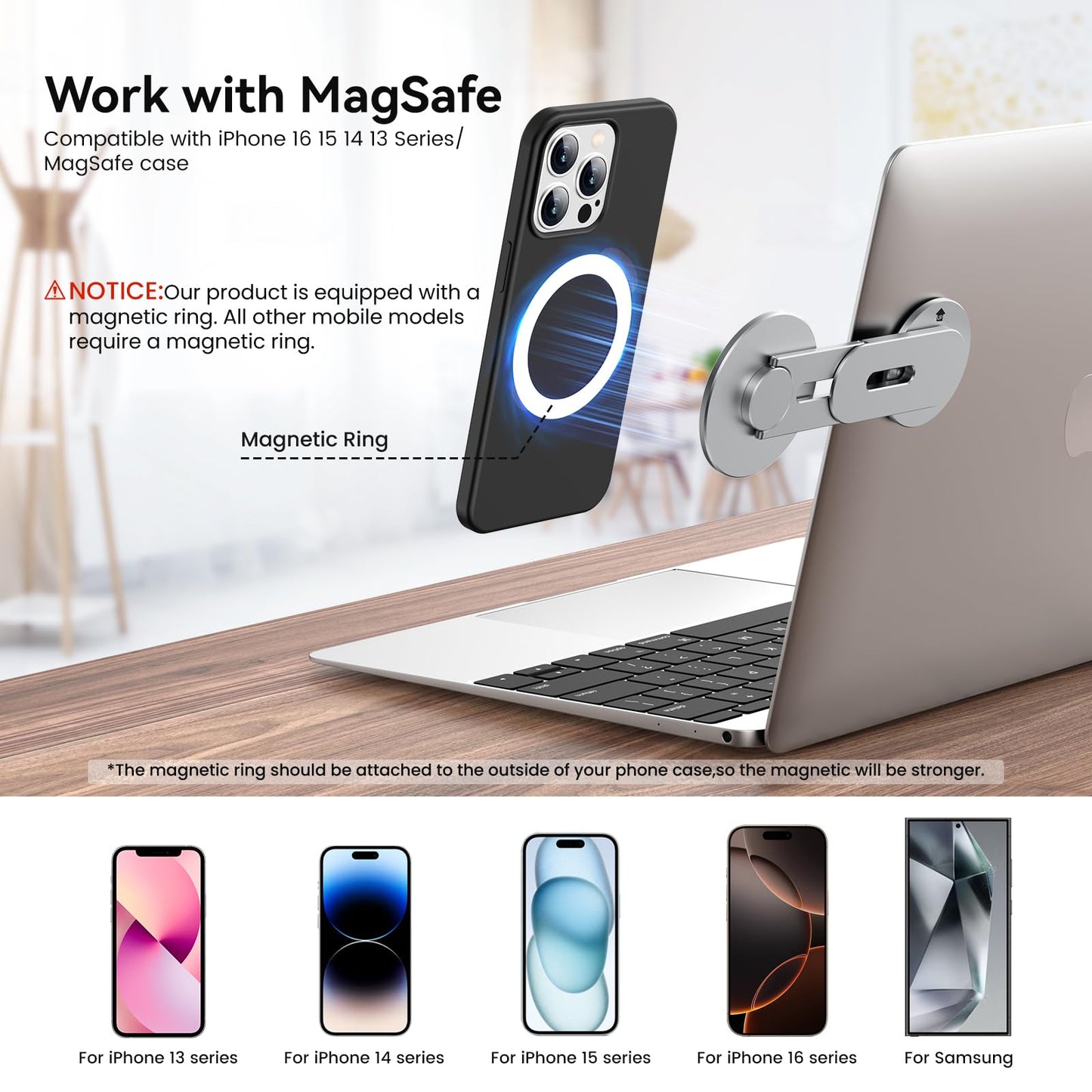 Magnetic Phone Holder for Laptop for MagSafe for iPhone 17/16/15/14/13/12 & All Phones, 180°Adjustable Phone Side Mount for Computer Monitor for Tesla, Desktop Cell Phone Bracket, Gray