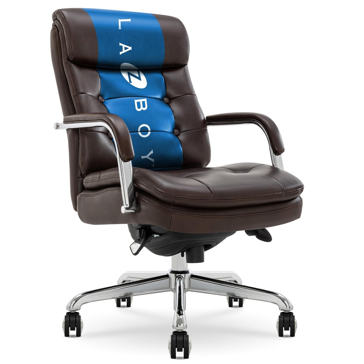 La-Z-Boy Sonata Executive Mid-Back Office Chair, Button-Tufted Seat and Back, Double-Layer Cushion, Padded Armrests, Ergonomic Computer DeskChair, Swivel Metal Base, Bonded Leather, Dark Brown/Chrome