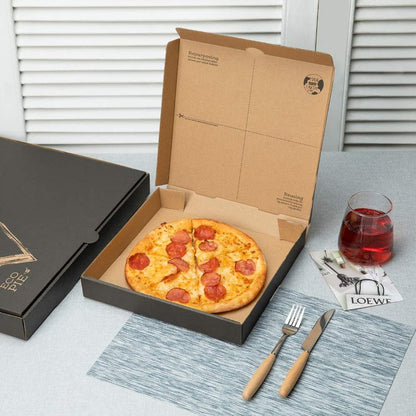 Restaurantware Eco Pie 14.5 Inch x 1.6 Inch Pizza Boxes 50 Corrugated Pizza Delivery Boxes - Repurpose As Plates Sturdy Kraft And Black Paper Take Out Boxes Greaseproof Disposable