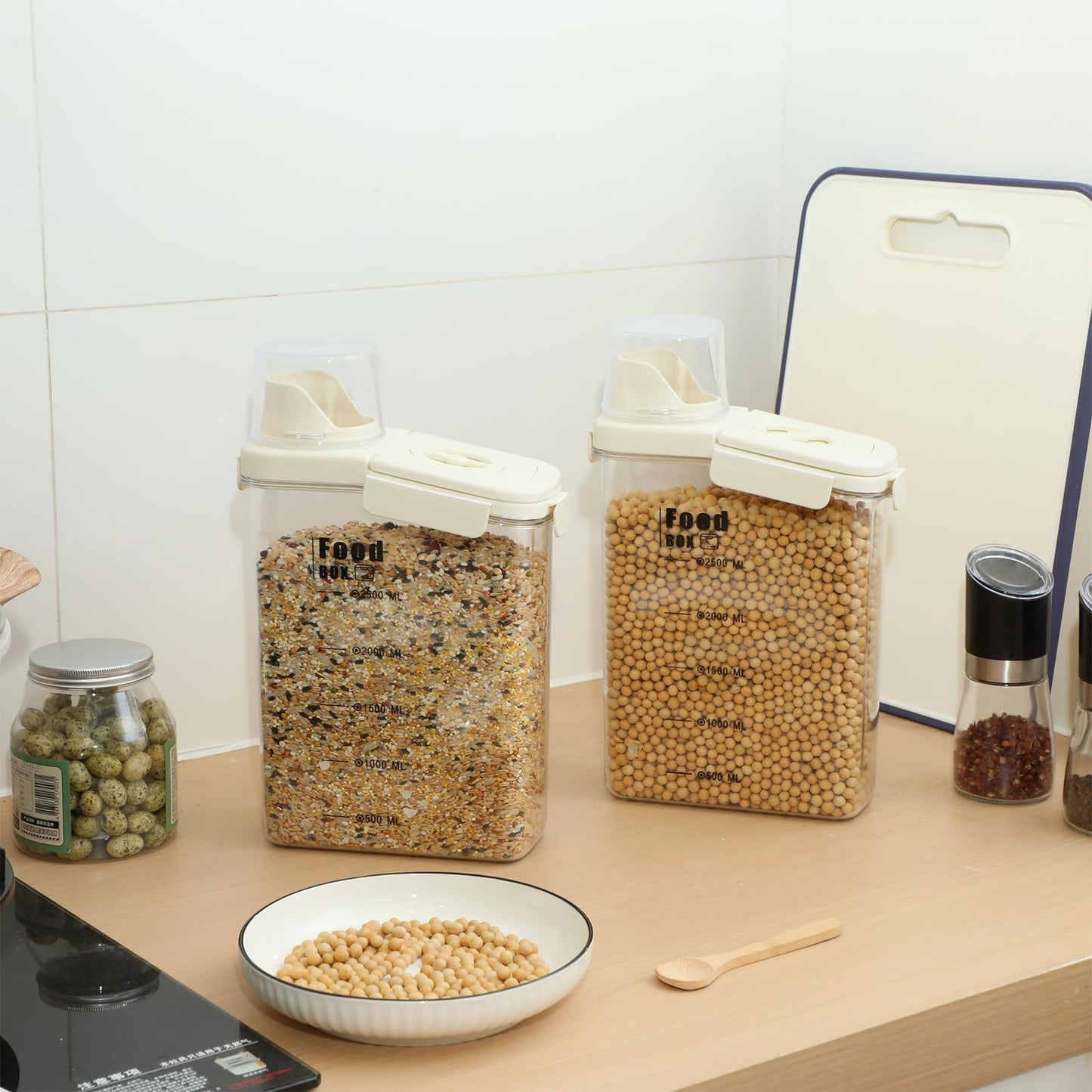 Blushtier 4 PCS Cereal Containers Storage 2.5L Airtight Large Dry Food Containers with Pouring Spout Cereal Storage Dispenser Measuring Cup for Flour and Baking Supplies, White