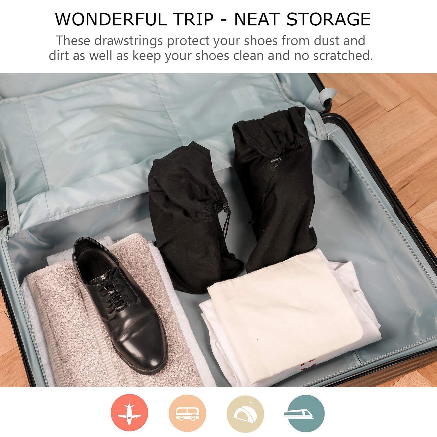 PlasMaller Shoe Storage Bags 100% Cotton with Drawstring For Men and Women for Travel Protecting and Storing Shoes (Black, Set of 4)