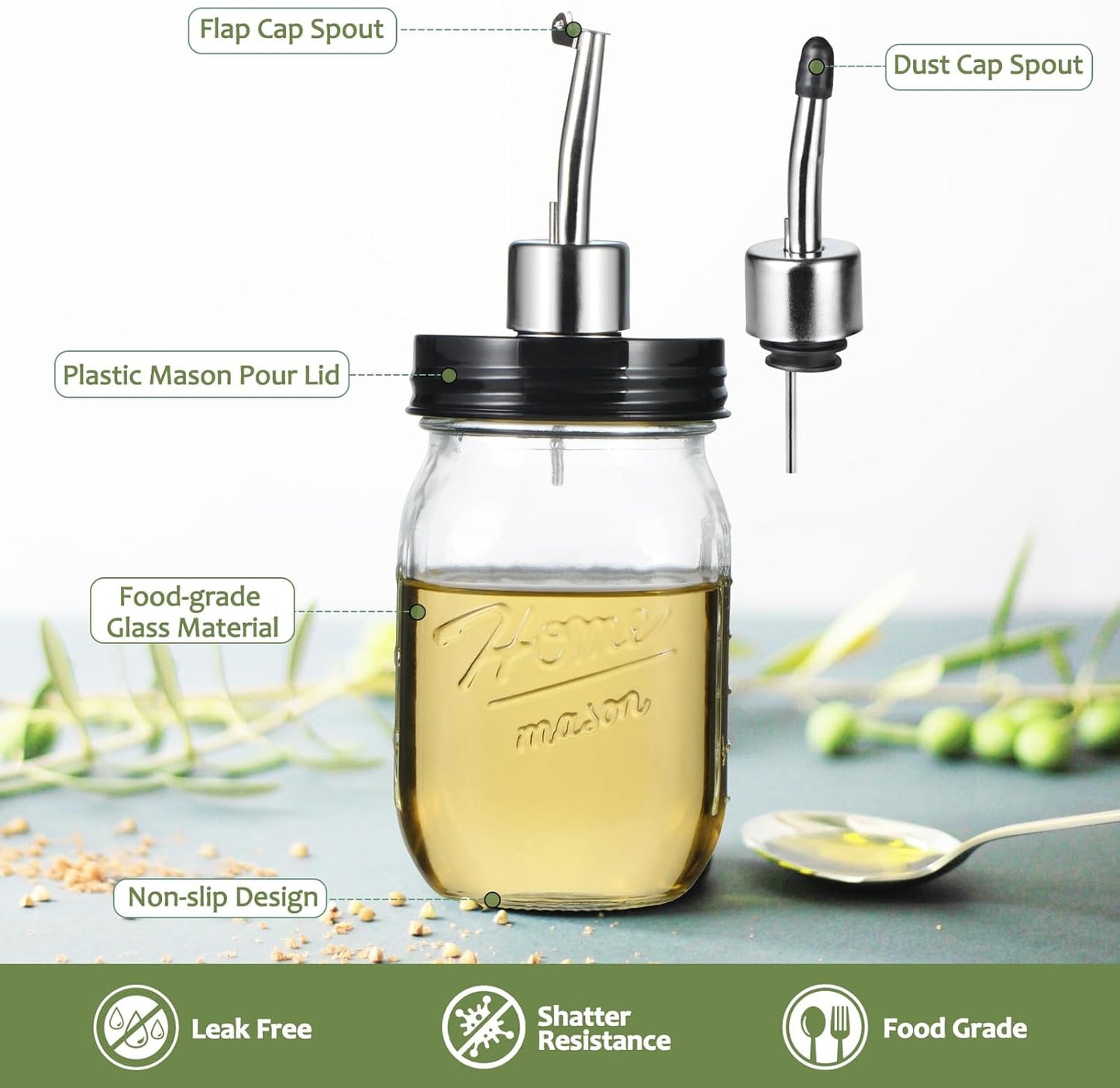 16oz Set 1 Pack SheeChung Oil Dispenser Bottle for Kitchen, Glass Cooking Oil Bottle, Mason Jar Vinegar Dispenser