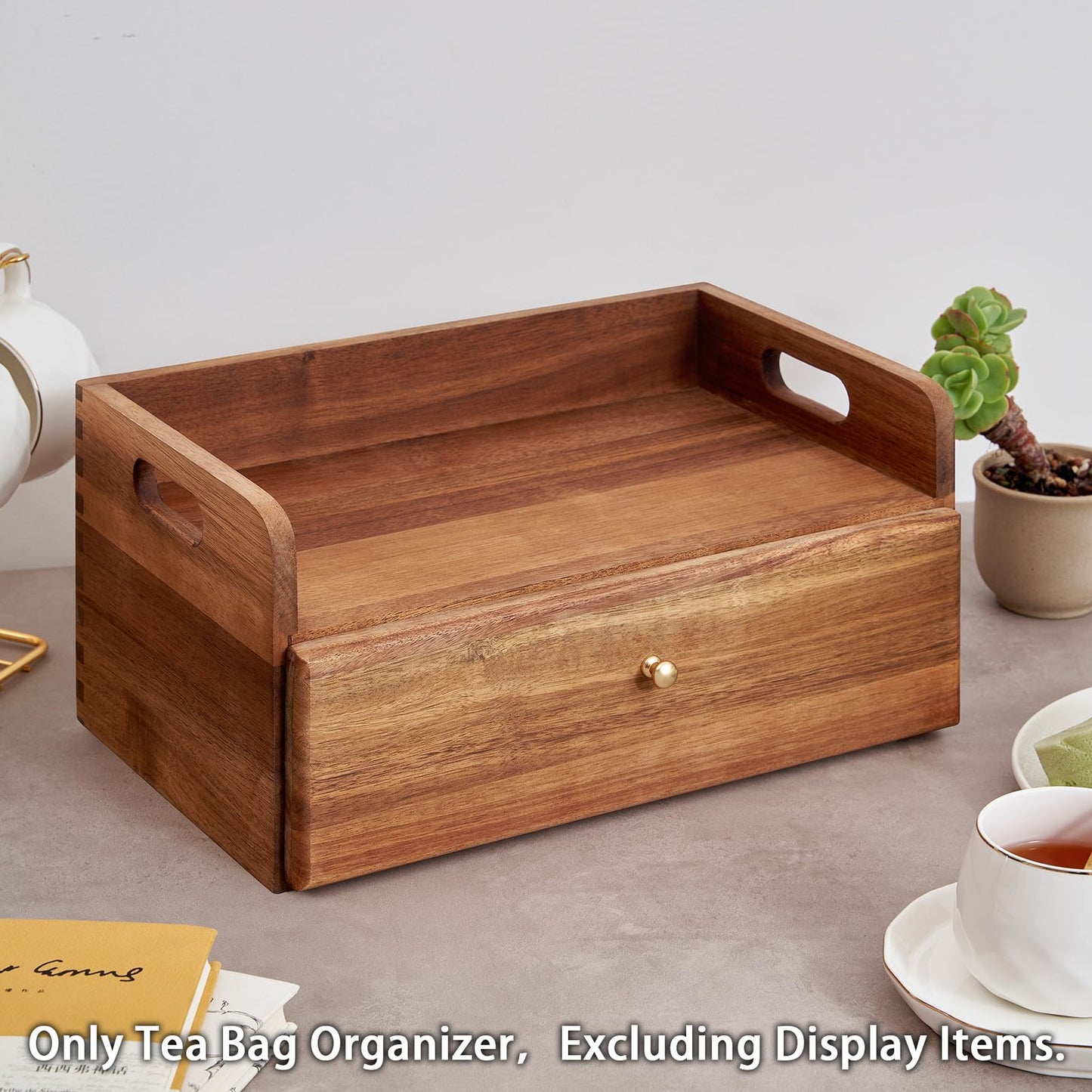 TREELF Acacia Wood Tea Bag Organizer with Drawer - Tea Station Chest and Storage Box, Coffee and Teabag Holder with 8 Compartments, Containers and Boxes for Countertop Display