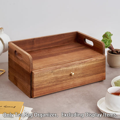 TREELF Acacia Wood Tea Bag Organizer with Drawer - Tea Station Chest and Storage Box, Coffee and Teabag Holder with 8 Compartments, Containers and Boxes for Countertop Display
