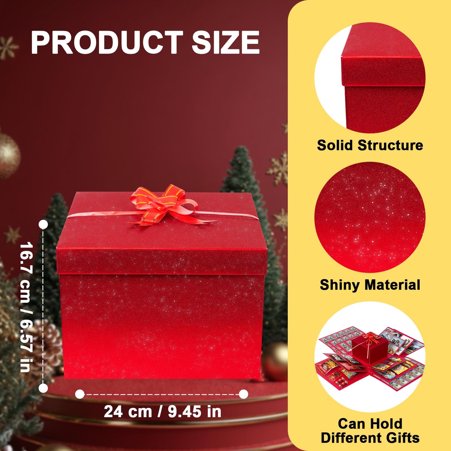 HAULKIM 4-Layer Explosion Gift Box, 10''x10''x7'' Red Glittery Creative Gift Boxes for Presents, DIY Surprise Gift Box Explosion for Birthday Easter Mother's Day and Father's Day Anniversaries (Red)