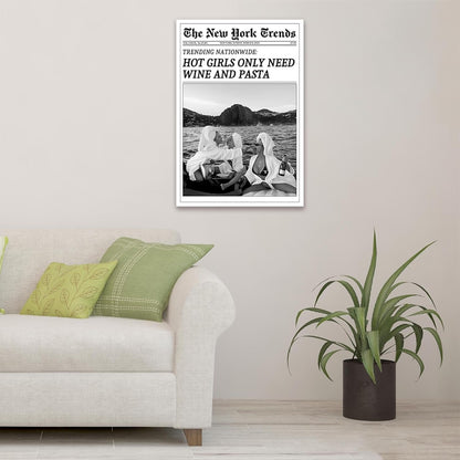 FBKDVC 16x24in Vintage Trendy Black And White Newspaper Print Poster Retro Times Canvas Wall Art Funky Hot Girls Eating