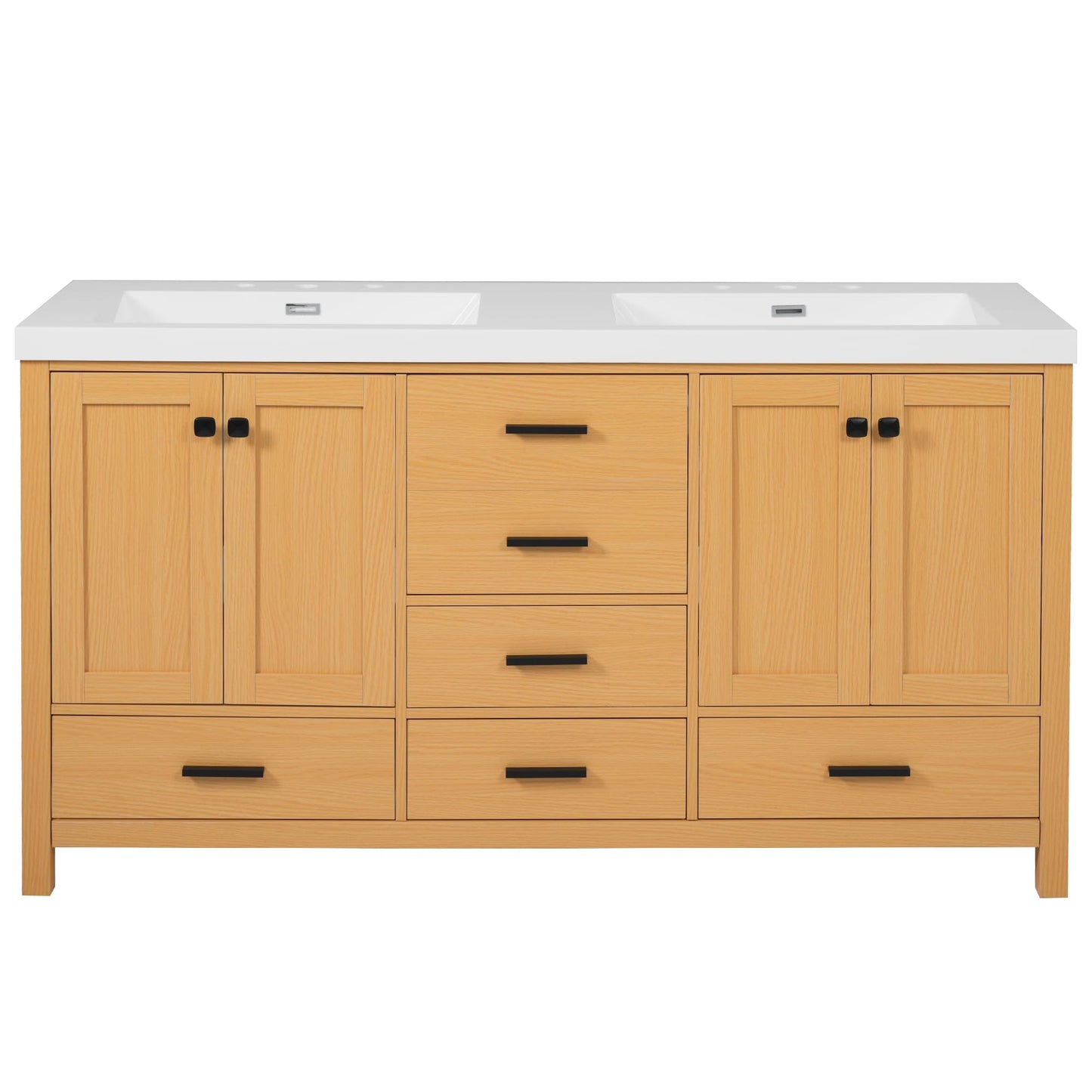 GDFStudio 59.3" Bathroom Vanity with Double SMC Resin Sink, Solid Wood Frame & MDF Cabinet, 4 Doors & 5 Soft-Close Drawers, Adjustable Shelves, Black Handles, Modern Wood Grain Finish
