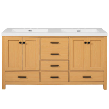 GDFStudio 59.3" Bathroom Vanity with Double SMC Resin Sink, Solid Wood Frame & MDF Cabinet, 4 Doors & 5 Soft-Close Drawers, Adjustable Shelves, Black Handles, Modern Wood Grain Finish