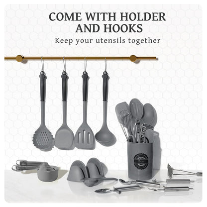 Kikcoin 43Pcs Large Kitchen Utensils Set - Silicone Cooking Utensils Set, Dishwasher Safe Spatula Set for Non-stick Cookware, 446°F Heat Resistant Kitchen Utensils Set with Holder BPA Free, Grey