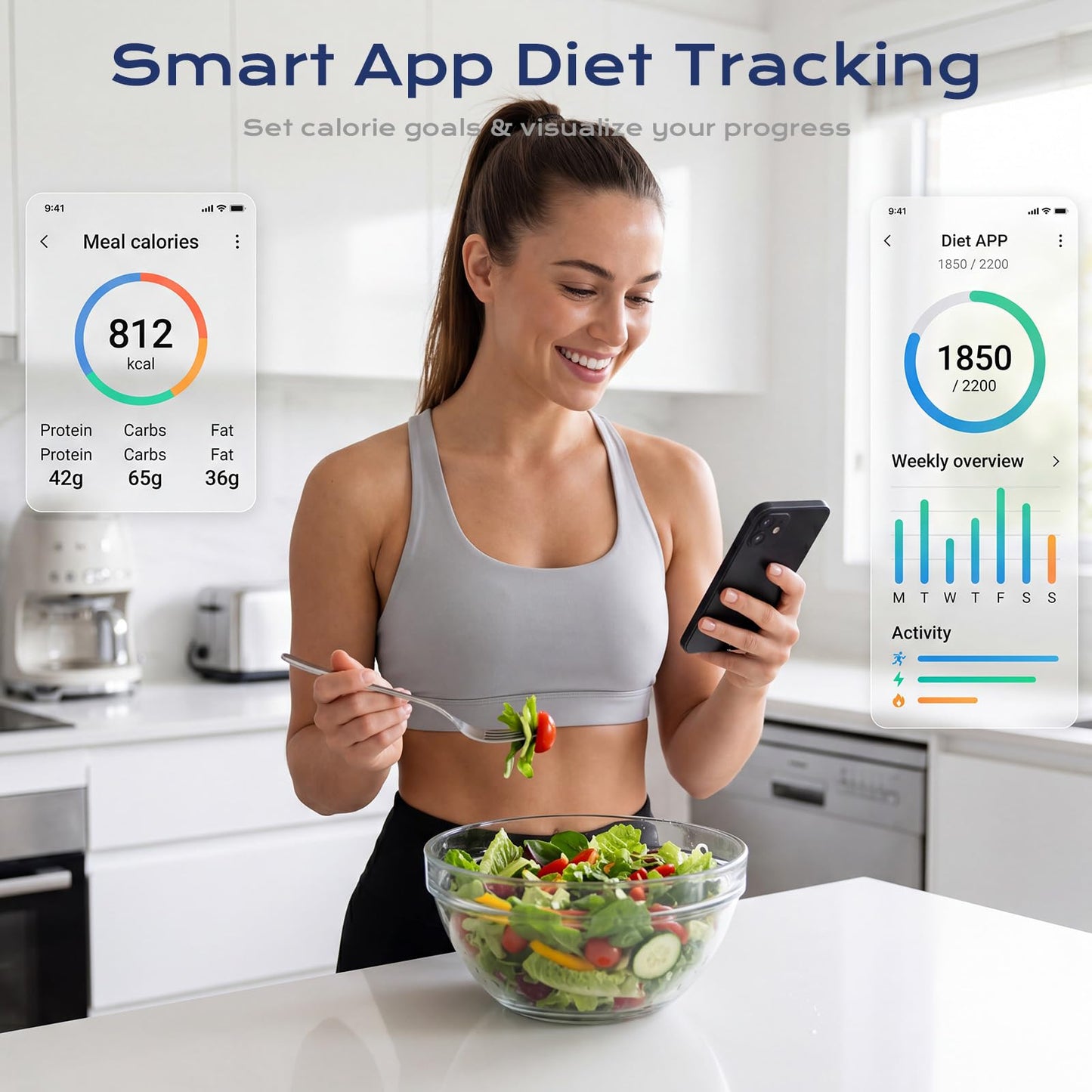 Smart Food Scale with Nutritional Calculator, Free APP with 30 Nutrients Tracking, Calorie, Macro, Works with App for Daily Reports, Digital Kitchen Scale for Meal Prep Weight Loss Coffee Making, 22lb