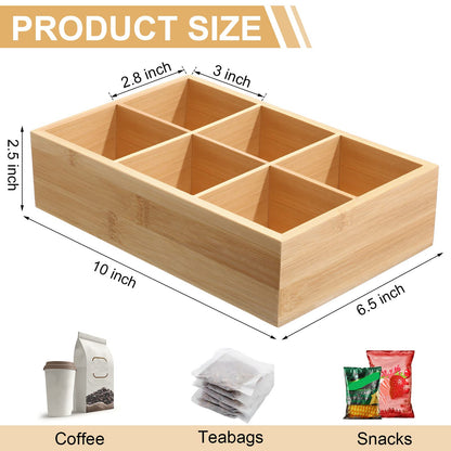 Maitys 4 Pcs Bamboo Divided Storage Organizer Bamboo Container with 6 Compartments Food Storage Bin Wooden Tea Drawer Box Bin Holder Case for Snacks Tea Bags Coffee Sugar