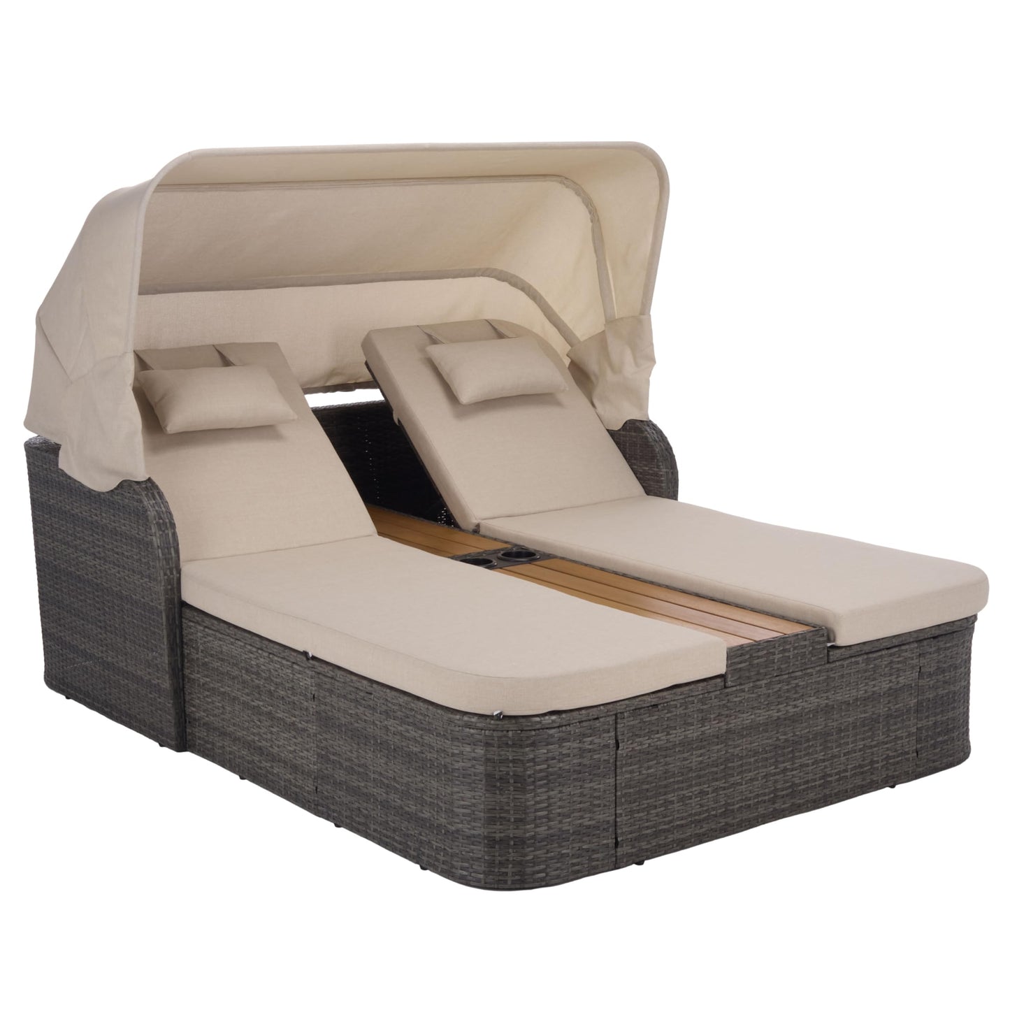 SAFAVIEH Outdoor - Victoria Grey Brown & Taupe Double Daybed, Rattan Canopy Lounger with Reversible Cushions, Cup Holders, Patio Furniture for Deck, Backyard, Poolside (PAT7759A)