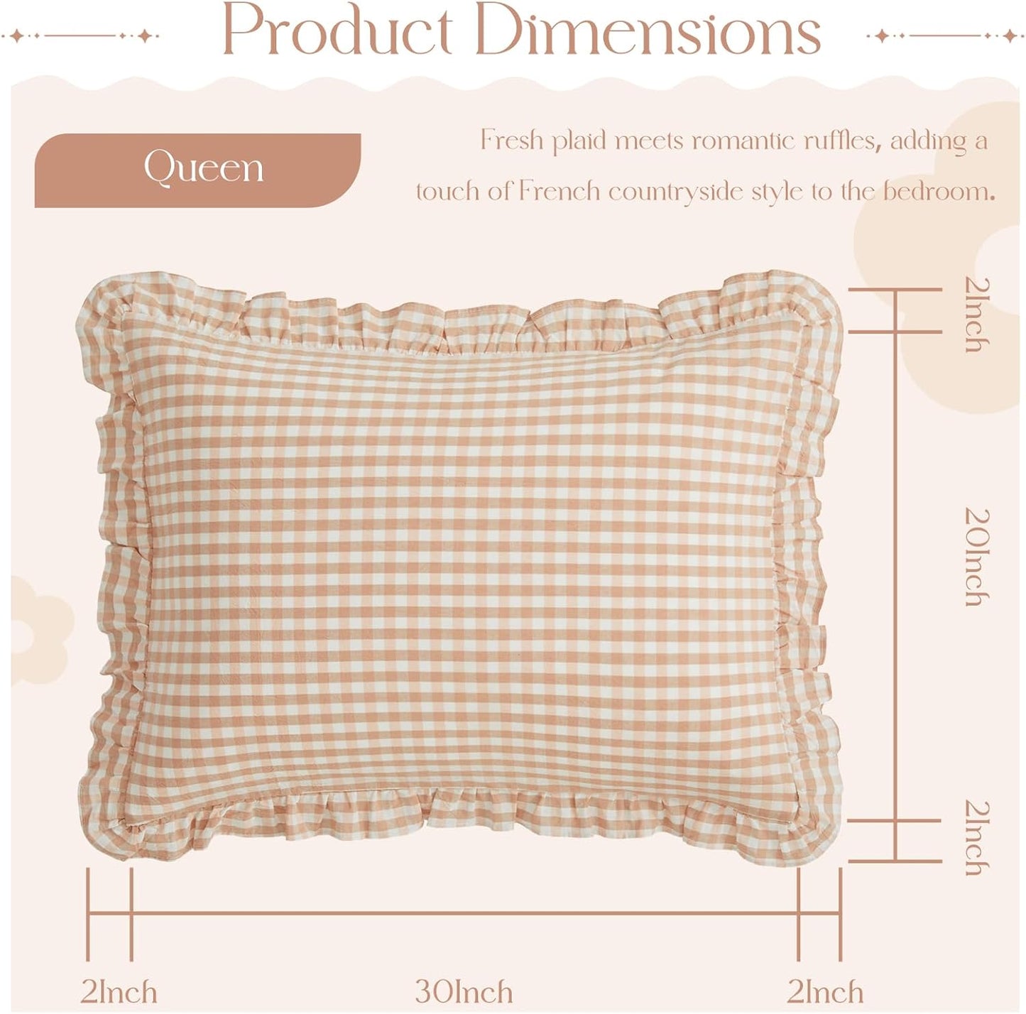 2 20x30 Inch, KKJIAF Pcs Plaid Ruffle Pillow Case Queen Size, Cotton Gingham Ruffled Euro Sham Pillow Covers Linen Feel