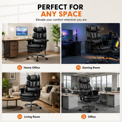 Big and Tall Ergonomic Office Chair with Footrest, Executive High Back PU Leather Desk Chair, Reclining Computer Chair with Adjustable Lumbar Support and Armrests, Swivel Rolling Gaming Chair, Black