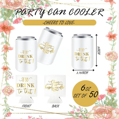 SiliFine 101 Pcs Wedding Can Cooler Bulk Engagement Party Favors for 100 Guests Cheers to Love Laughter, and I'll Drink Can Cooler with 1 Pcs Wooden Wedding Table Sign Bridal Shower Favor(White)