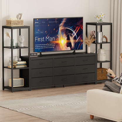 GarveeHome TV Stands Dresser with 9 Fabric Drawers, Large Entertainment Center with 2 Industrial 4-Tier Storage Shelves, Modern TV Console Cabinet for Living Room