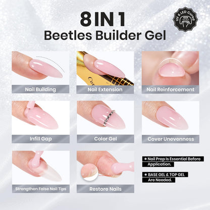 Beetles Builder Gel Set,3 Pcs 8 in 1 Nail Strengthening Apex Building Extension for Beginner DIY Salon at Home,Clear Builder Nail for Nails with Base and Top Coat Gel,UV & LED Lamp Needed