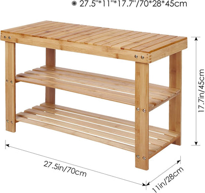 PUPL 3 11.2inchD 27.5inchW 17.9inchH Tier Bamboo Shoe Bench, Entryway Bench Shoe Rack Organizer for Bedroom Living Room