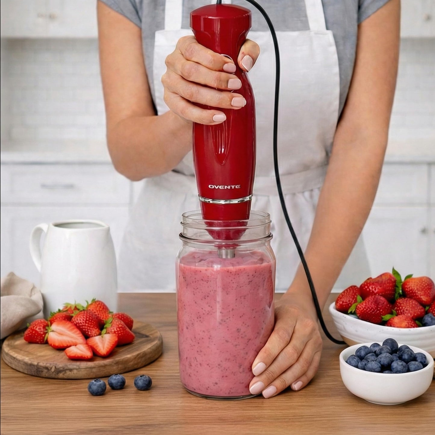 OVENTE Immersion Hand Blender, 300W Electric Handheld Stick Mixer with 2 Mixing Speeds and Stainless Steel Blades for Smoothies, Purees & Baby Food, Red HS560R