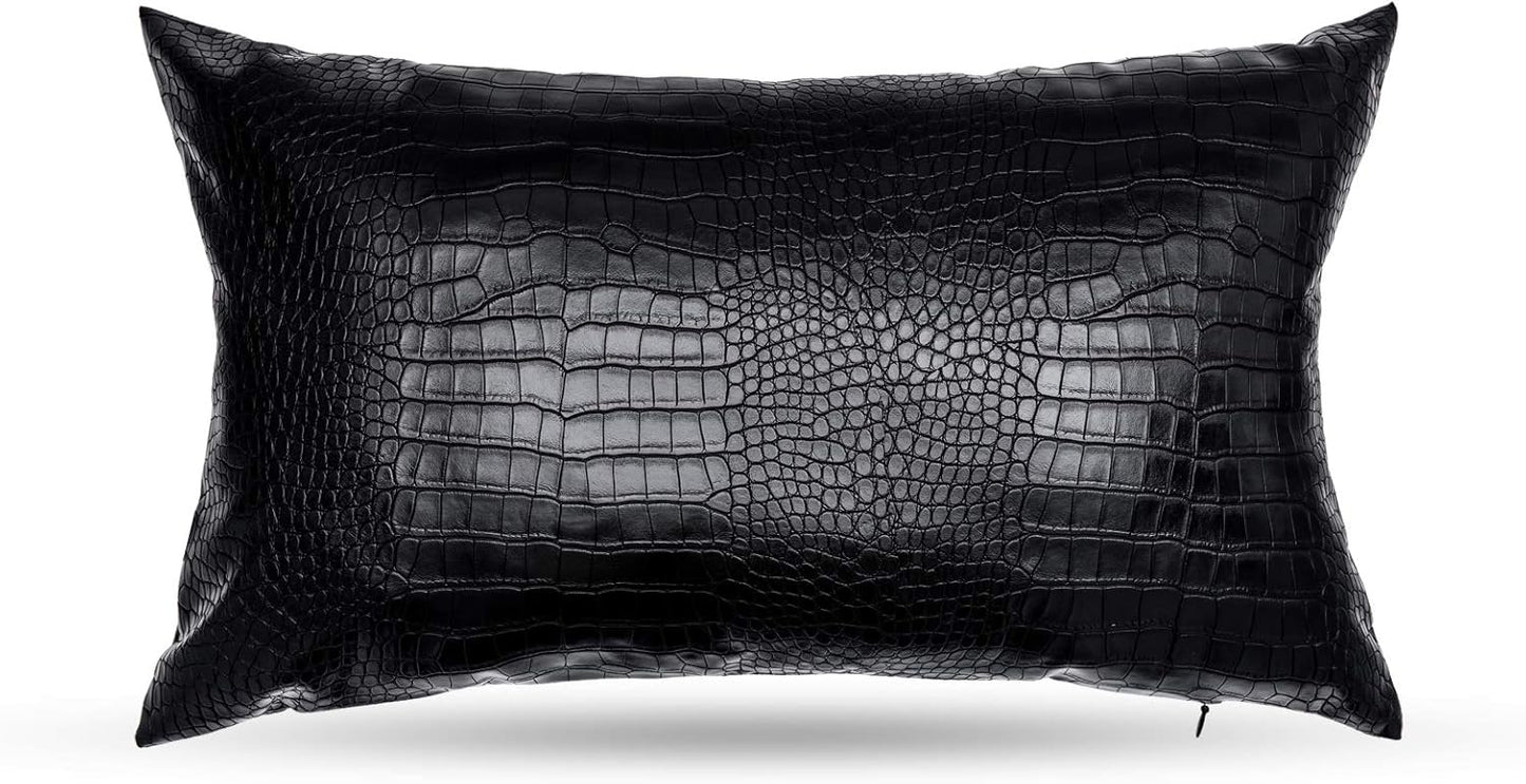 Black Crocodile Skin Faux Leather Pillow Cover, Decorative Modern Throw Cushion Case for Living Room & Bedroom, 12x20
