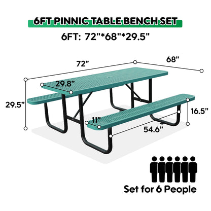 6FT Metal Picnic Tables for Outdoors, Commercial Rectangular Picnic Table and Bench Set for Outside, Patio, Garden, Backyard, Porch, Surface Mount, Green