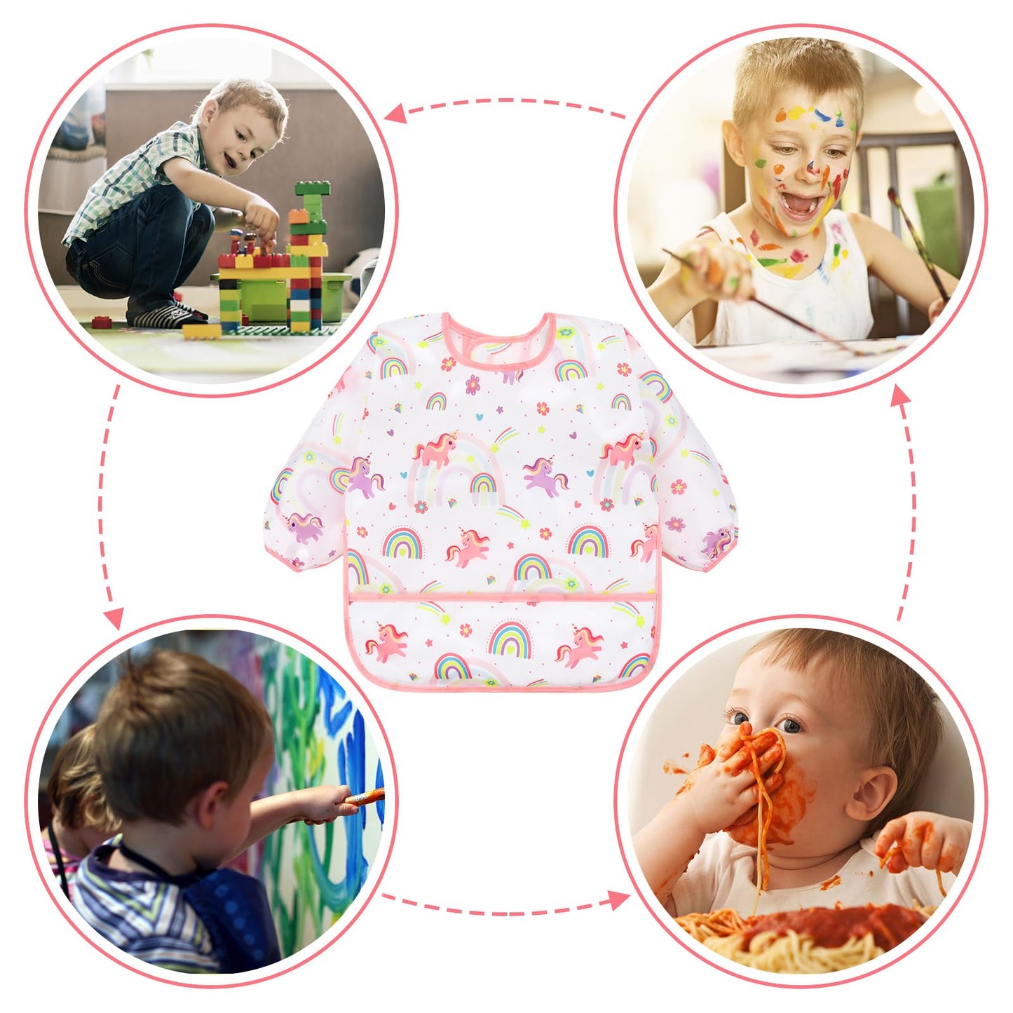 Accmor 4 Pack Long Sleeve Bibs, Baby Smock Waterproof Sleeved Bib Smock for Baby Toddler 6-24 Months