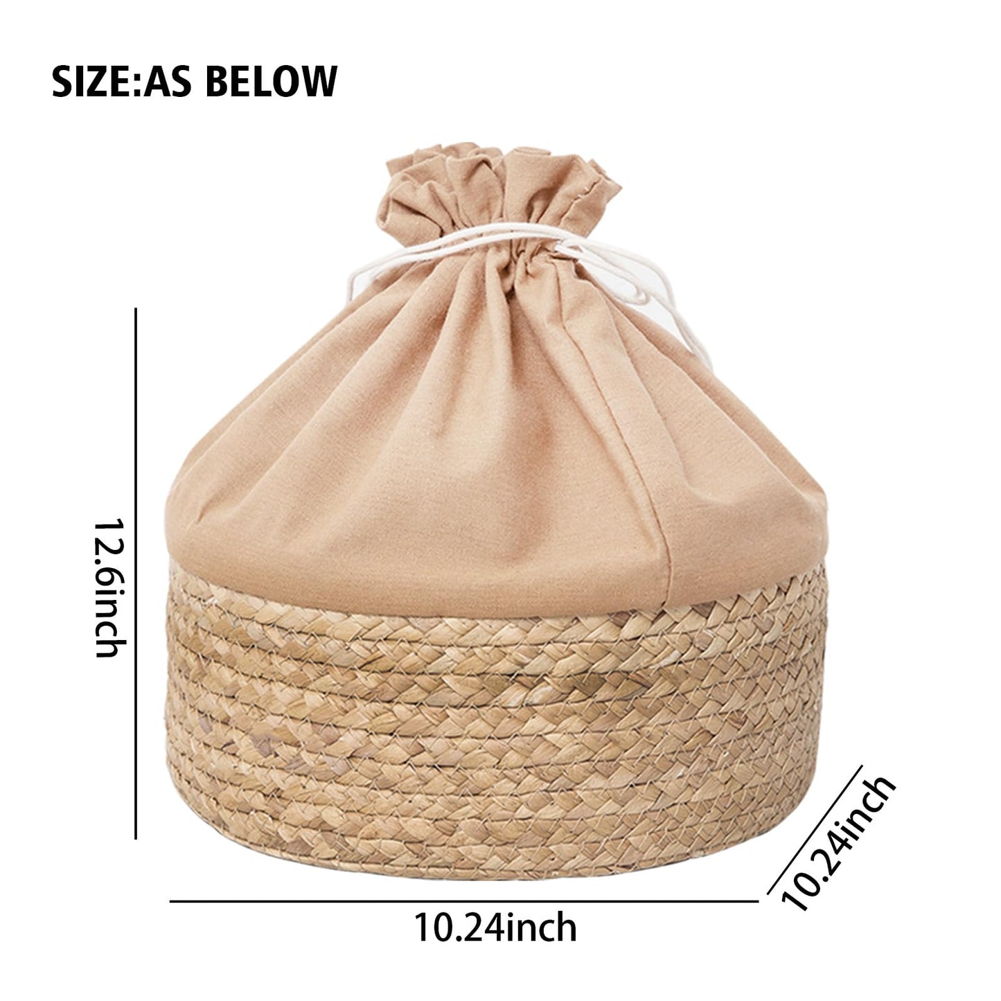 Water Hyacinth Handwoven Storage Basket with Drawstring Lid, 10.24x10.24x12.60in Natural Round Organizer for Nursery, Closet, Shelves & Kitchen