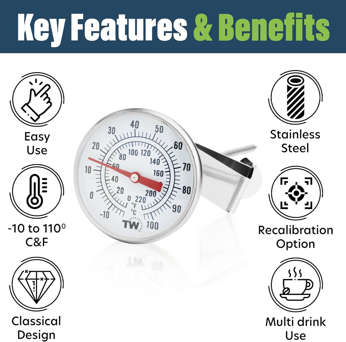 Premium Milk Thermometer with Clip and 7 Inch Probe for Steaming Milk