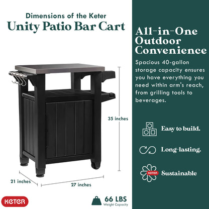 Keter Unity 40 Gallon Stainless Steel Top Patio Storage Grilling Bar Cart and Unity XL Outdoor Kitchen Rolling Bar Cart with Storage Cabinet, Brown