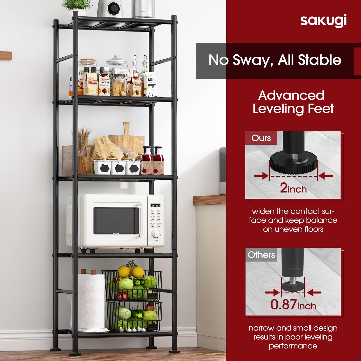 Storage Shelves - 5 Tier Shelf Organizer, Heavy Duty Garage Shelving Unit with Leveling Feet, Stable Metal Shelves Organizer for Pantry, Kitchen and Closet, 33.0" W x 12.6" D x 72.0" H, Black