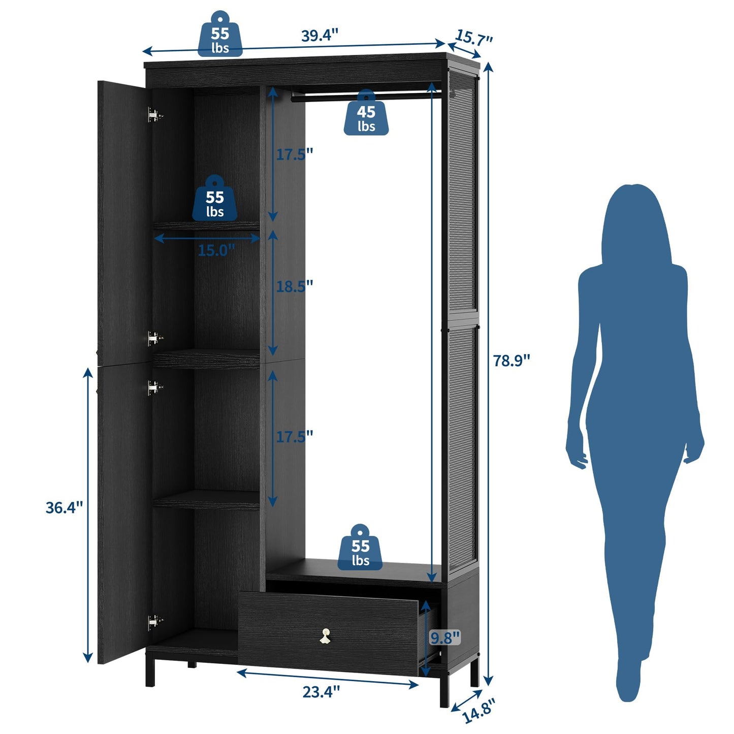 GAOMON Modern Armoire Wardrobe Closet, Wood and Metal Frame Clothes Storage Organizer with Double Closed Doors, Open Hanging Rod, Bottom Drawer, Freestanding Bedroom Furniture for Small Spaces, Black