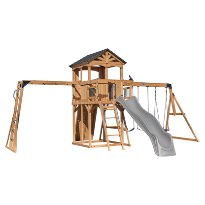 Backyard Discovery Dover Bay Spruce Wood Swing Set with Wave Slide, Clubhouse, Monkey Bars, Rock Wall, Belt Swings, Step Ladder, Toy Telescope, Chalkboard, Outdoor Playset