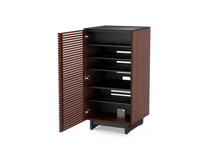BDI Furniture Corridor 8172-22'' Audio Cabinet with Flow-Through Ventilation, Cable Management, Adjustable Shelves, Louvered Doors, Satin-Etched Tempered Glass Top, Chocolate Stained Walnut