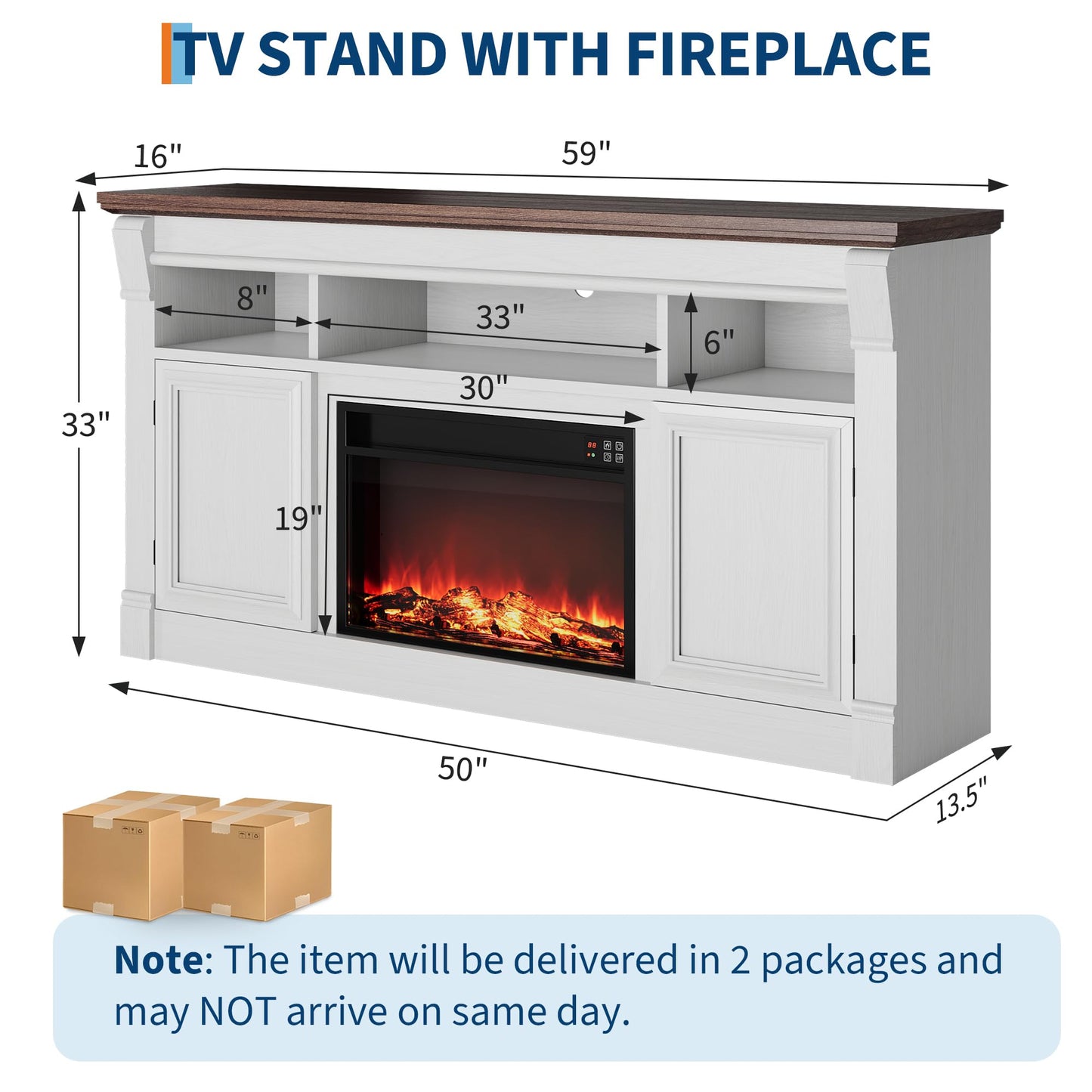 GarveeHome 58" Farmhouse Electric Fireplace TV Stand for TV Up to 65", Entertainment Center Console Table with Open Storage Shelves and Cabinets for Living Room