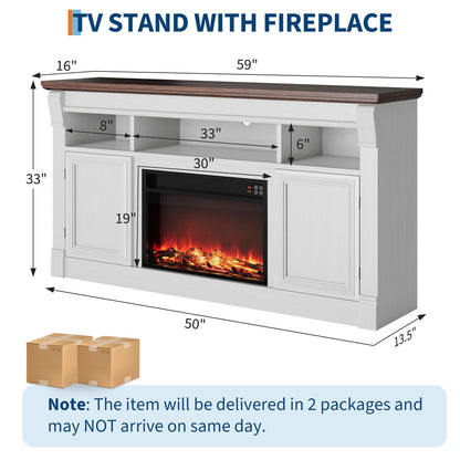 GarveeHome 58" Farmhouse Electric Fireplace TV Stand for TV Up to 65", Entertainment Center Console Table with Open Storage Shelves and Cabinets for Living Room