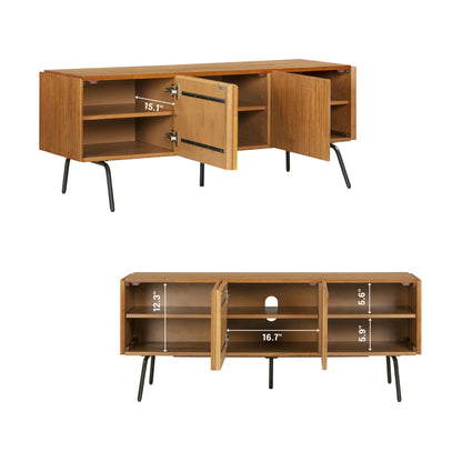 NTC Veil TV Stand with 3 Doors for TVs up to 60’’, Media Console with Vertical Groove Design and Metal Legs, Modern Entertainment Center for Living Room and Bedroom, Effortless Assembly, Teak Look