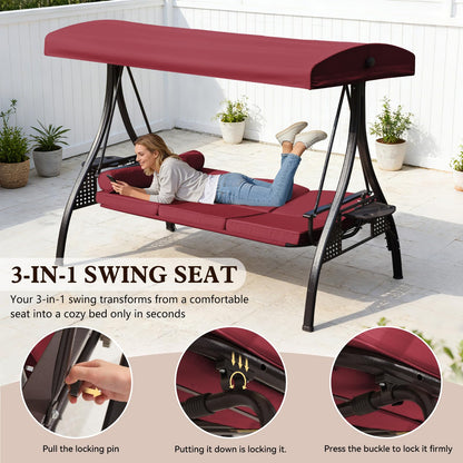 Mvpipi Outdoor Porch Patio Swing,3-seat Swing with Canopy,3 in 1 Convertible Swing Bed for Adults,Porch Swing with Stand,Bench Swing with Pillows & Cup Holder for Garden,Deck(Wine Red,Square Tube)
