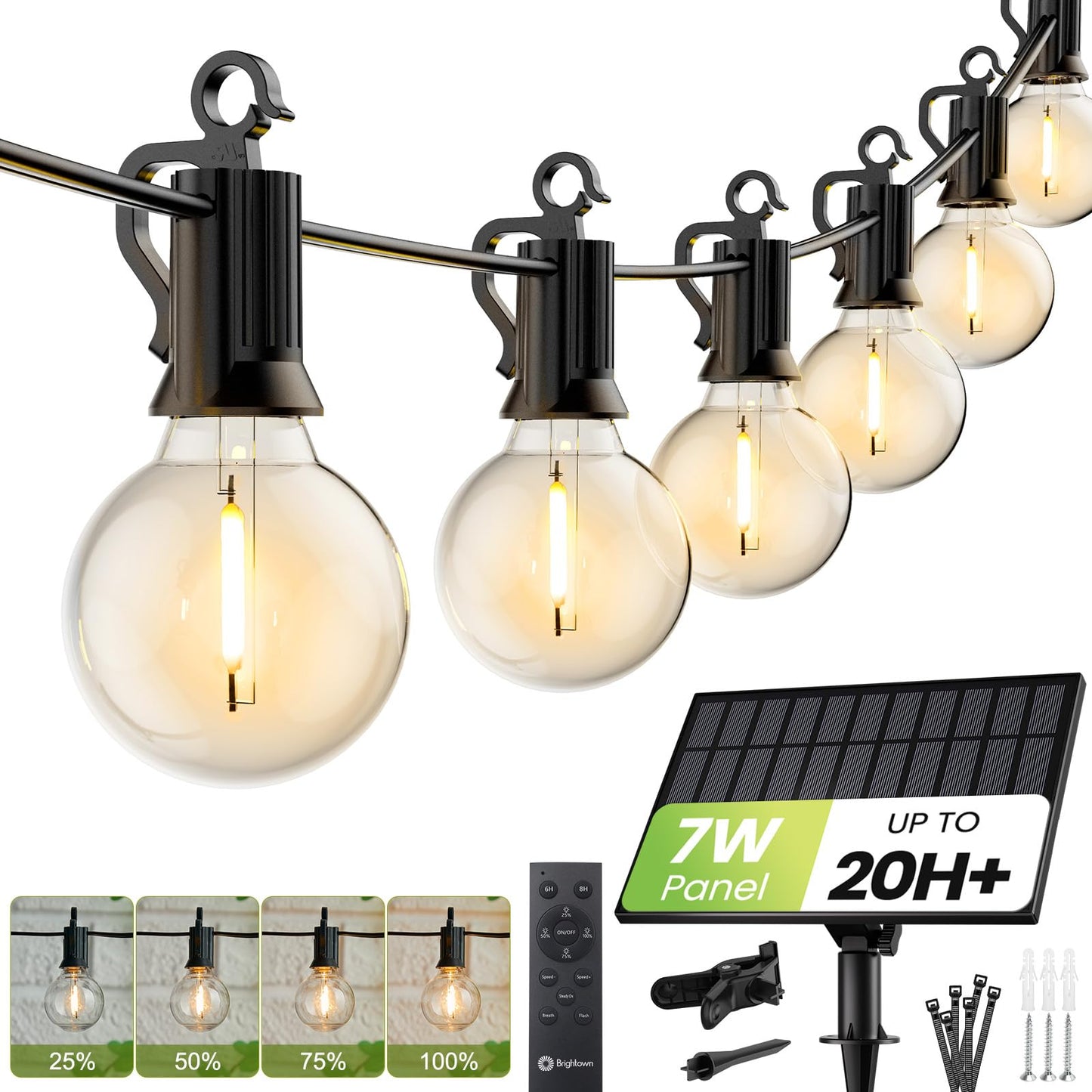 Brightown 208FT Solar String Lights Outdoor Waterproof with Remote, Solar Patio Lights with 100 Shatterproof LED Bulbs, 3 Light Mode, Dimmable & Timer, Hanging String Lights for Porch Garden Bistro
