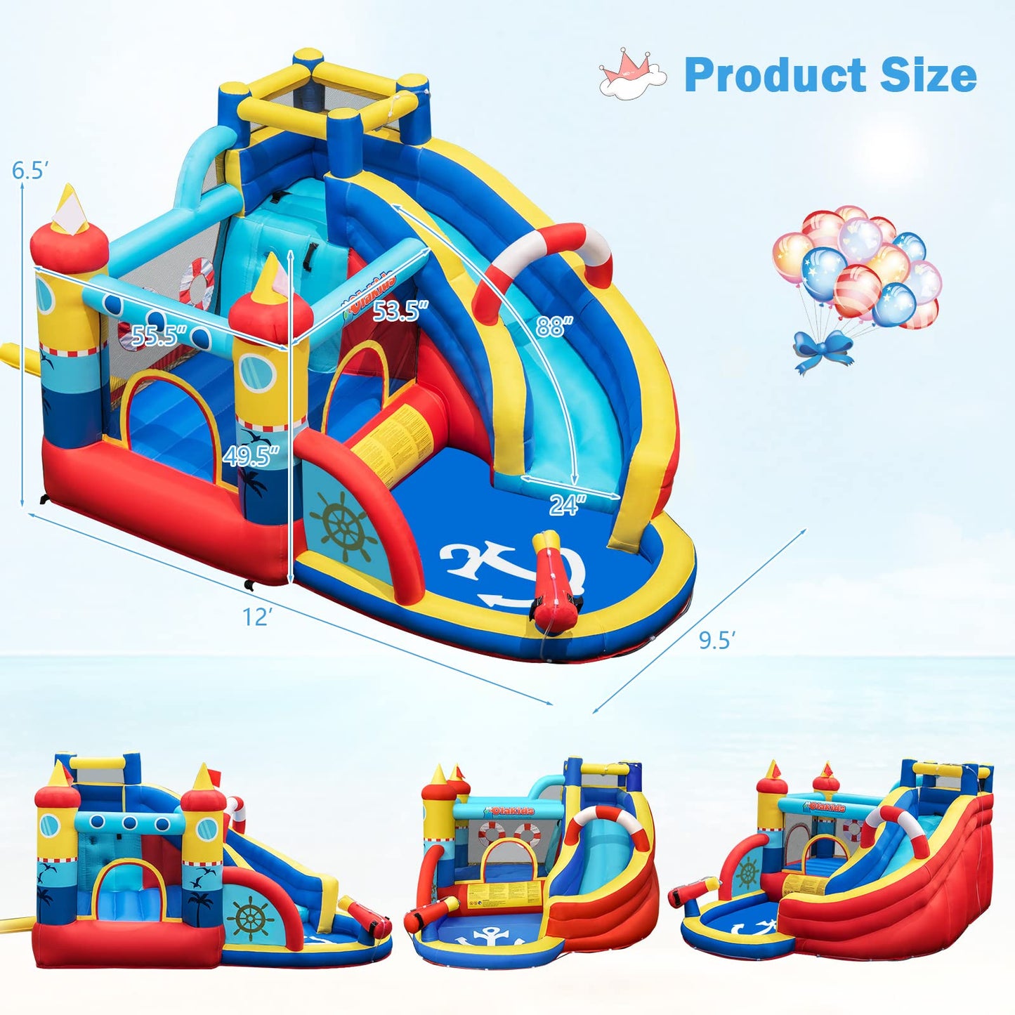 OLAKIDS Inflatable Water Slides, Nautical Themed Bouncy House with Slide, Splash Pool, Climbing Wall, Water Gun, Outdoor Jumping Castle with Hose, Carry Bag, Repairing Kit, Stakes