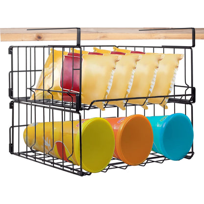 Under Shelf Storage Baskets, Foldable Carbon Steel Under Cabinet Basket for Kitchen Cabinets Pantries Bookshelves Desk, Space-Saving Storage Solution (Black, 2 Pack)