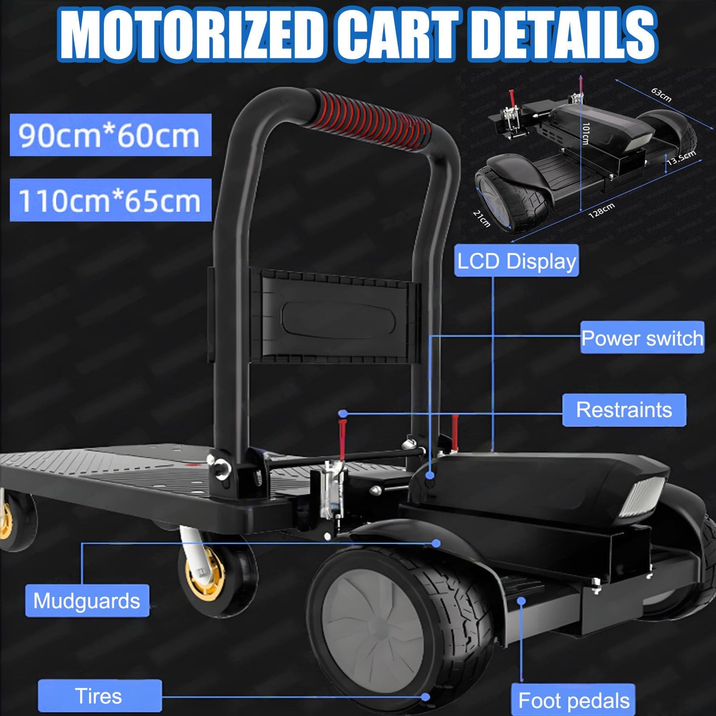 ErShangMao Electric Platform Cart,Motorized Garden Cart,Electric Flatbed Pallet Truck,8" Explosion-Proof Tires,660lbs Capacity,12km/H Speed,35km Range,Foldable Frame for Warehouse&Logistics 90 * 60cm