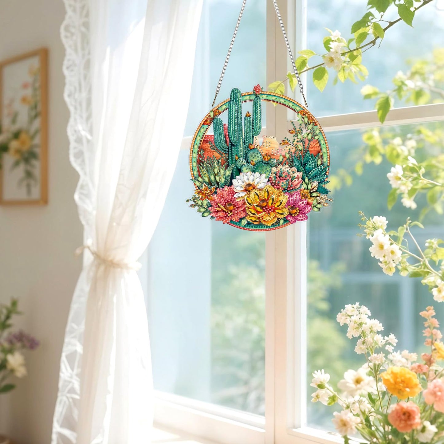 Lxmsja DIY Cactus Garden Diamond Painting Hanging Ornament, Double-Sided Acrylic Desert Flowers Diamond Art Kit, Special Shaped Suncatcher Hanging Pendant Window Art Kit