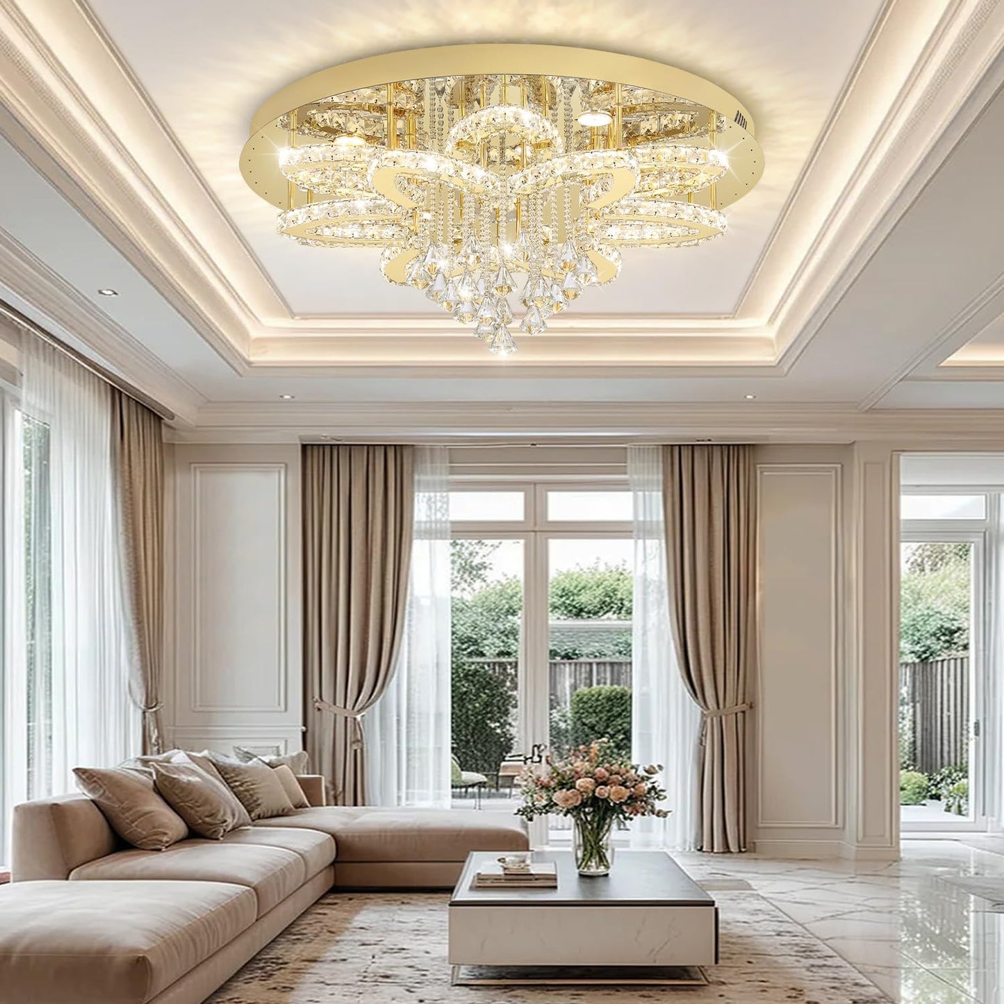 Flashing God 32'' Modern Crystal Chandeliers for Living Room Crystal Ceiling Light Fixture LED Dimmable Pendant Lighting Flush Mount Ceiling Chandelier for Dining Room Bedrooms Foyer Gold