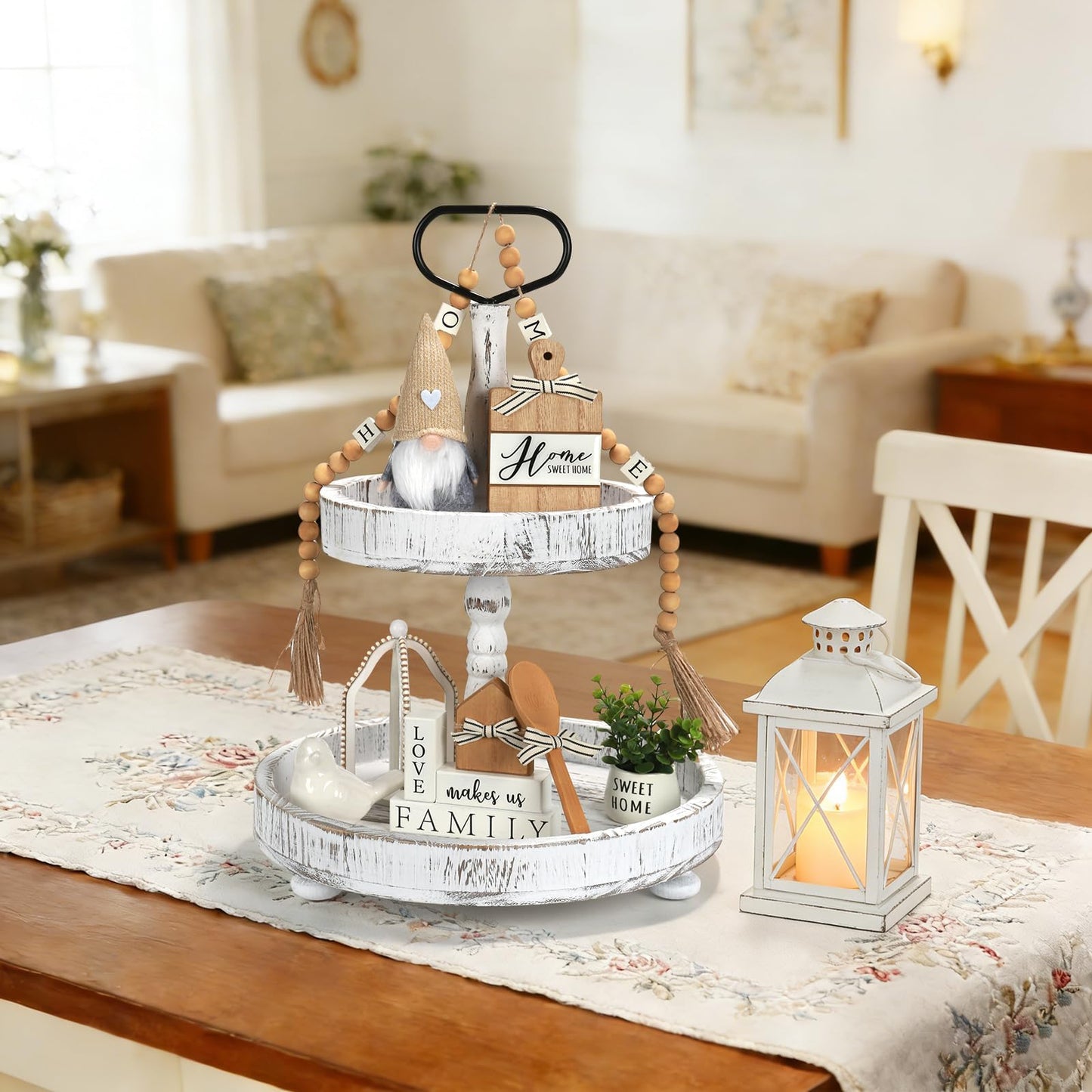 Farmhouse Tiered Tray Decor Set, 8 PCS Rustic Sweet Home Tabletop Decorations with Wooden Signs Lantern Plant Gnome Bead Garland & Bird Accent, Cozy Country Decorations for Home Table Kitchen Island