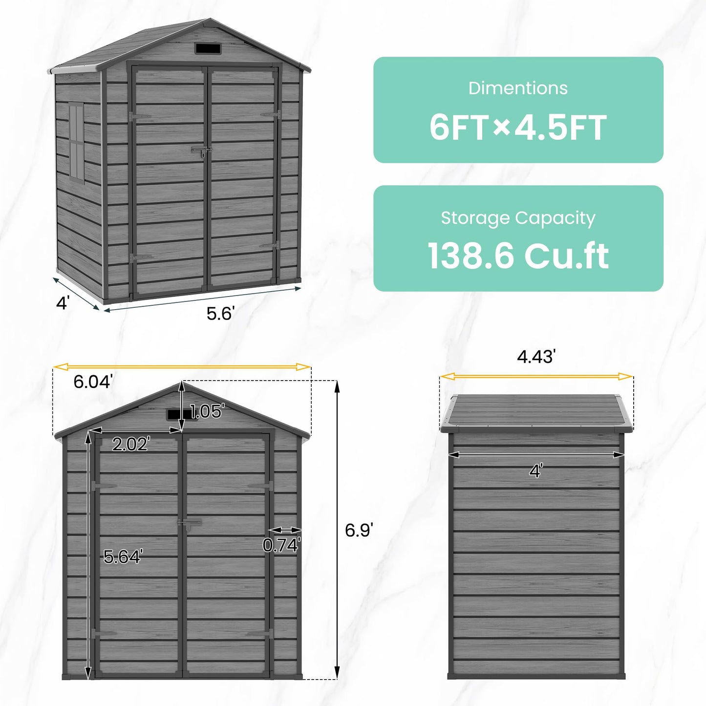 UDPATIO Outdoor Storage Shed 6x4.5 FT, Garden Resin Shed for Bike, Garbage Can, Tools, Outside Plastic Sheds with Floor for Backyard, Patio, Lawn, Dark Grey