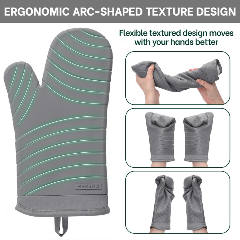 Beneno BPA-Free Silicone Oven Mitt 2-Pack Set, Heat Resistant 500°F Oven Mitts with Non-Slip Grip, Soft Thicker Lining, 7"x13", Gray
