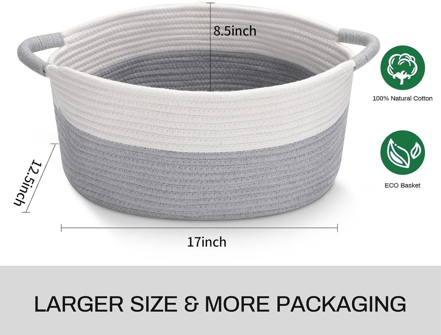 Cotton Rope Storage Basket with Handles, Medium Home Decor Basket, 17"L x 12.5"W x 8.5"H, Gray