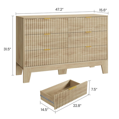 IDEALHOUSE 6 Drawer Dresser for Bedroom, 47" Wide Modern Fluted Dresser with Gold Metal Handles, Chest of Drawers for Bedroom, Living Room, Entryway, Hallway, Oak