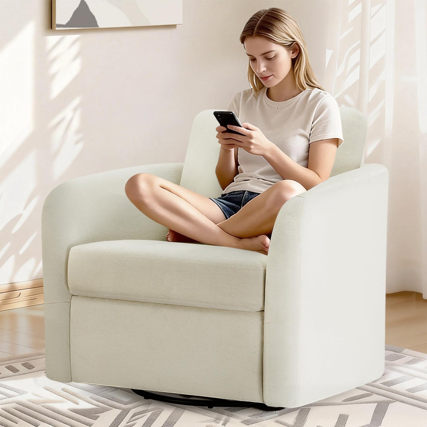 Swivel Accent Chair, Upholstered Barrel Chair with Washable Slipcover for Living Room Bedroom Reading Waitingroom,Cream White
