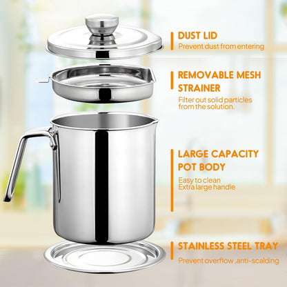 Chihee Grease Container Stainless Steel Bacon Grease Saver with Fine Mesh Strainer 2L / 67.6 fl oz Cooking Oil Keeper Stoarge Can with Dust-proof Lid Non-slip Tray for Kitchen Frying